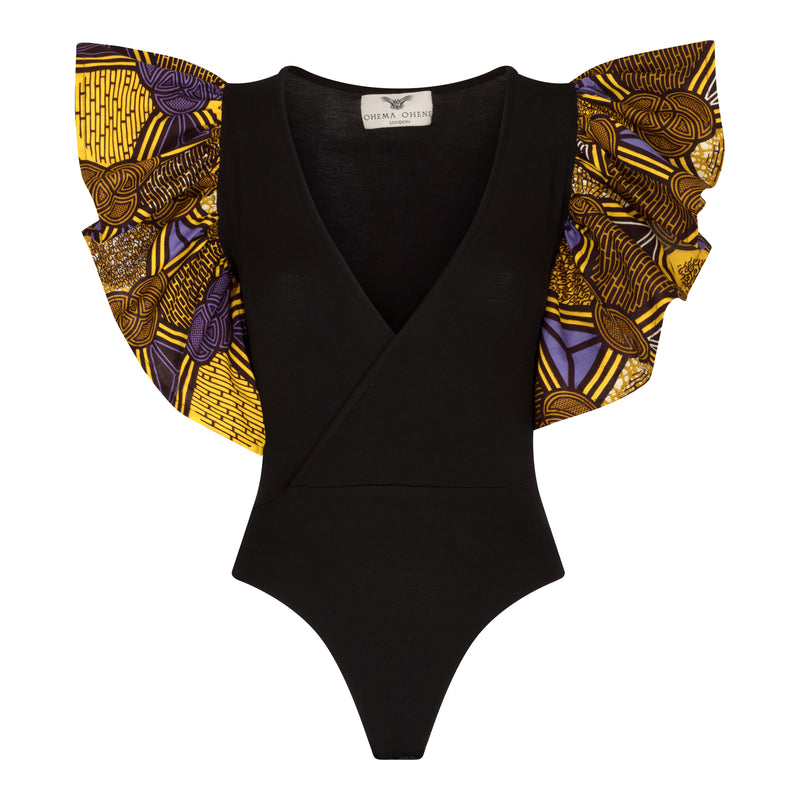 Frill sleeve African print bodysuit-Black - OHEMA OHENE AFRICAN INSPIRED FASHION