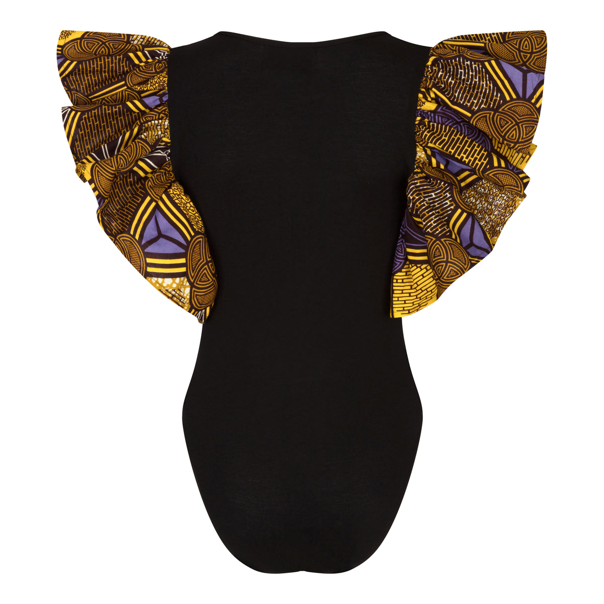 Frill sleeve African print bodysuit-Black - OHEMA OHENE AFRICAN INSPIRED FASHION