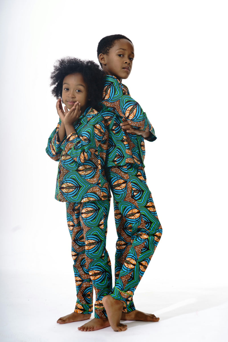 Kids African Print Pyjamas-Green Feather - OHEMA OHENE AFRICAN INSPIRED FASHION