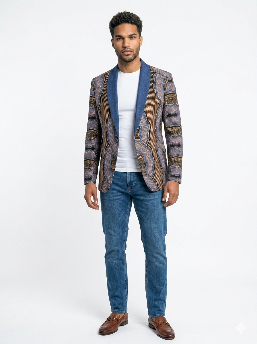 Men's Denim Shawl Collar African print Blazer