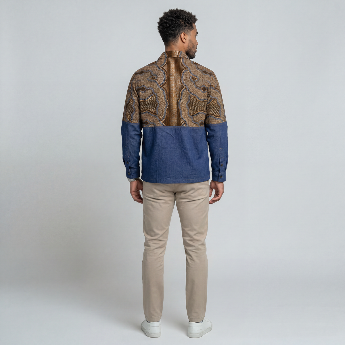 African print denim shacket bk