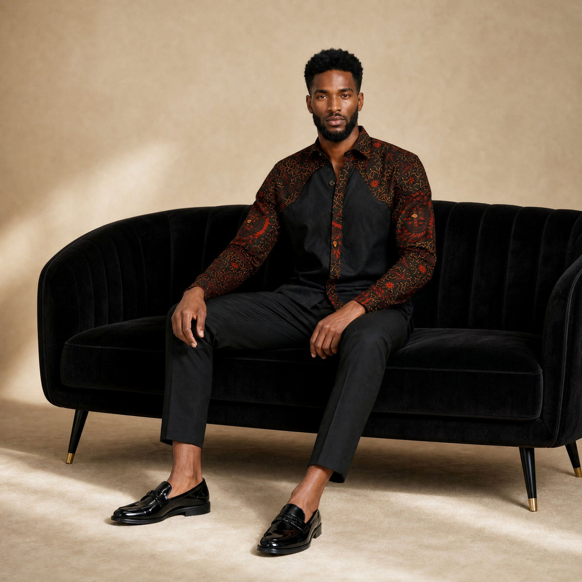Luca Men's Black Long sleeve African print shirt-Rooster