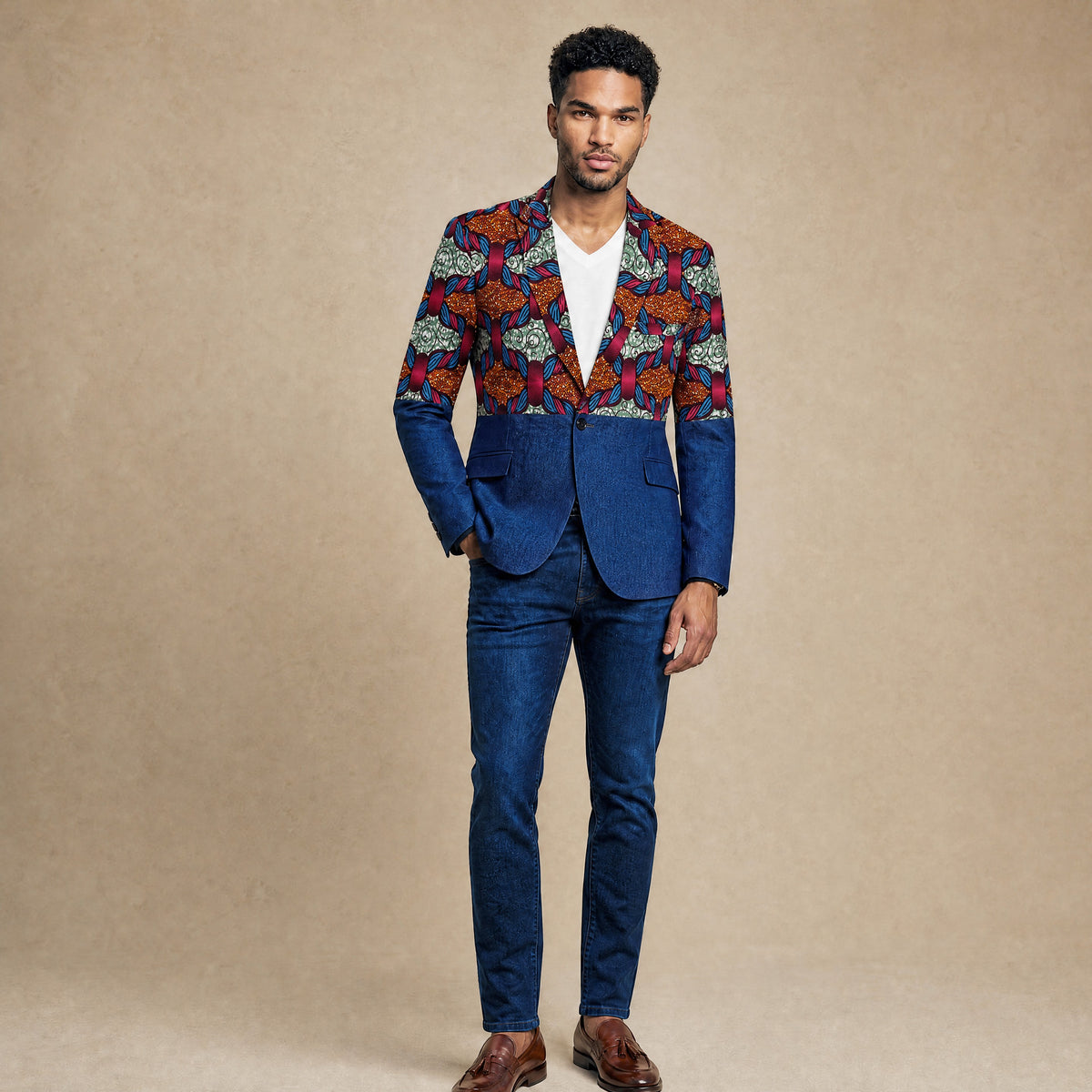 Men's Denim African print spilt panel blazer