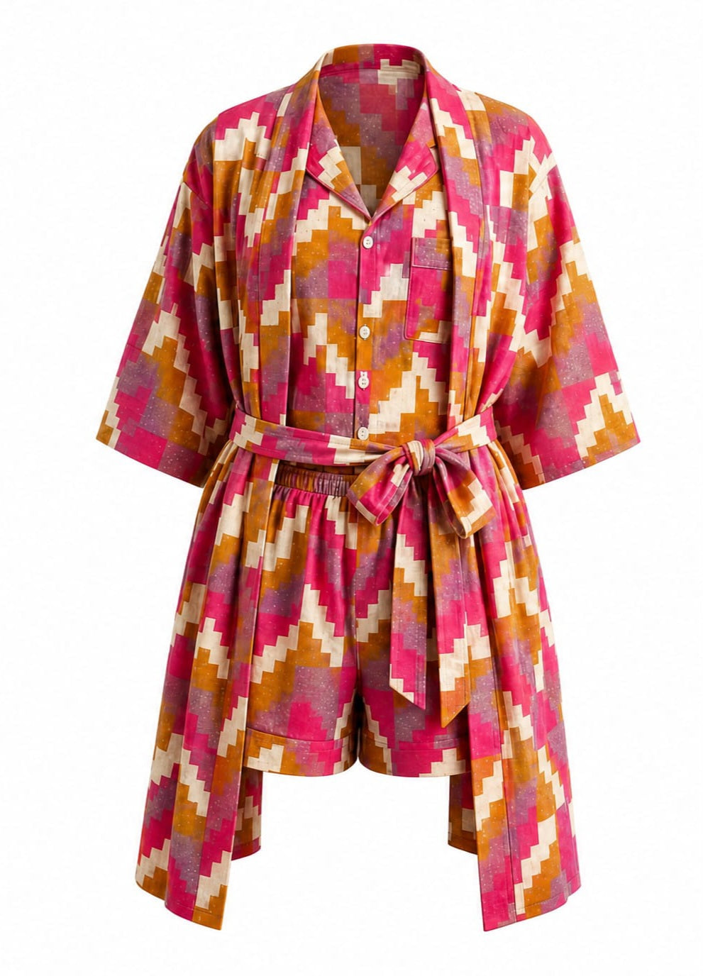 Pink Kente Cotton Pyjama & Robe Set