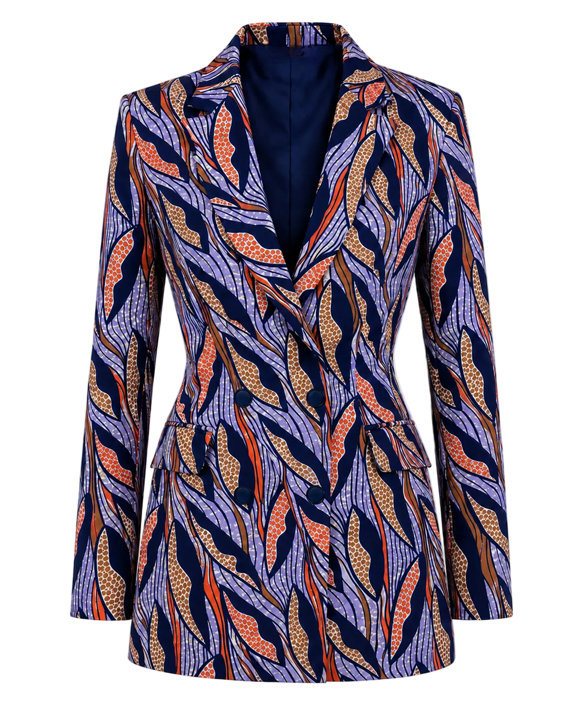 A women's tailored blazer with a bold abstract leaf-like pattern in navy, purple, orange, and beige, shown on a plain light gray background.
