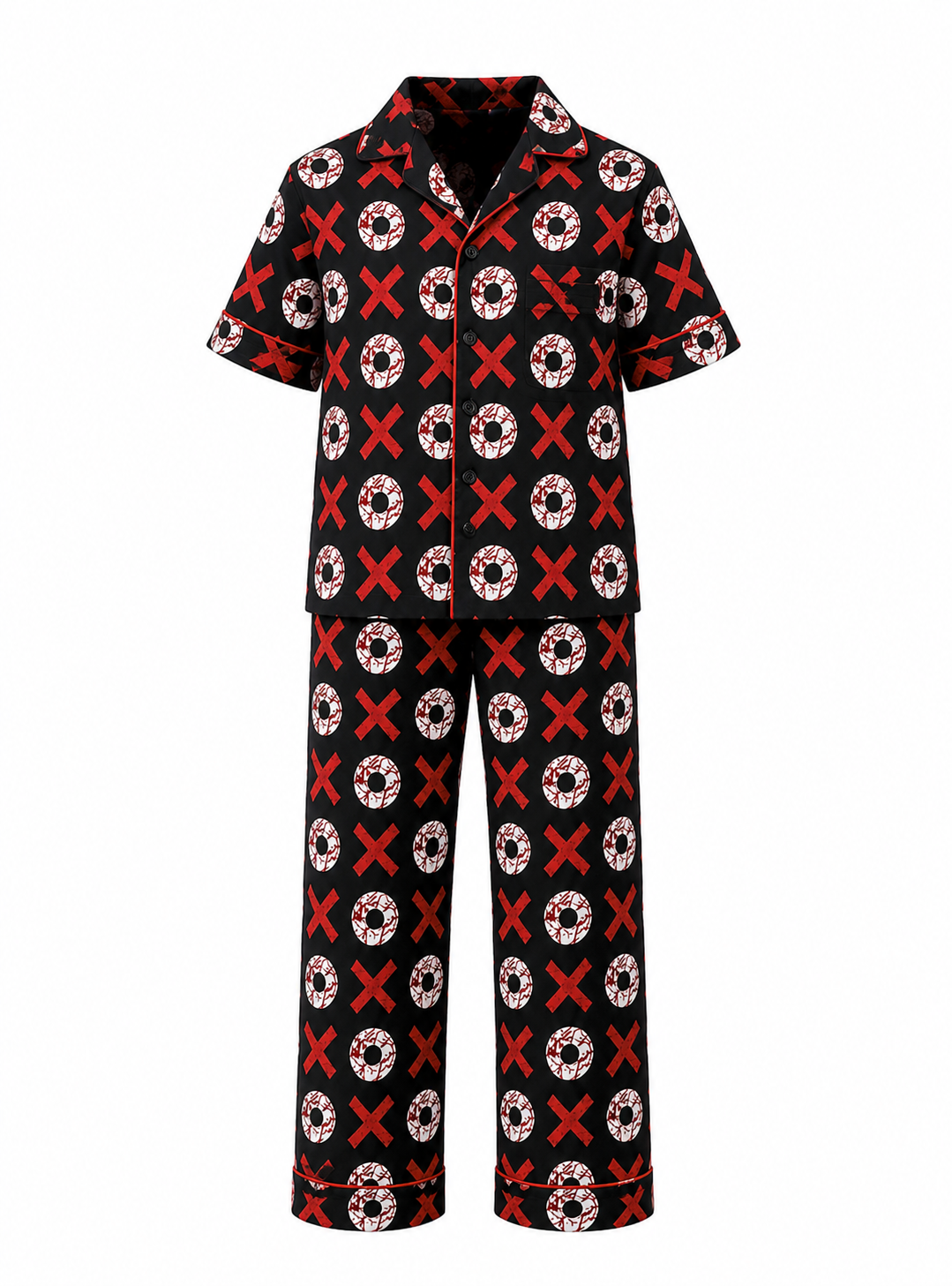 A two-piece short-sleeve pajama set with a black base, featuring a repeating pattern of red X's and white-and-red donut motifs, shown on a plain white background.