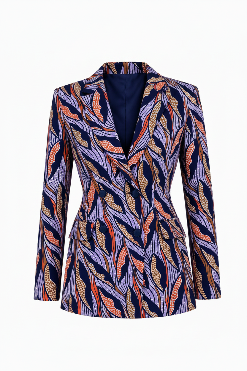 A women's tailored blazer with a bold abstract leaf-like pattern in navy, purple, orange, and beige, shown on a plain white background.