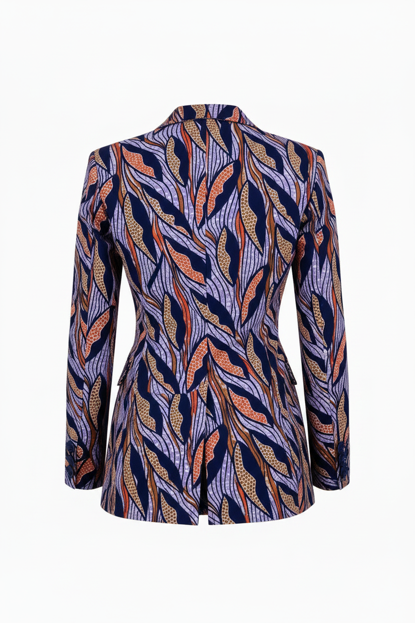 A women's tailored blazer shown from the back, featuring a bold, abstract leaf-like pattern in navy blue, purple, orange, and beige on a white background.