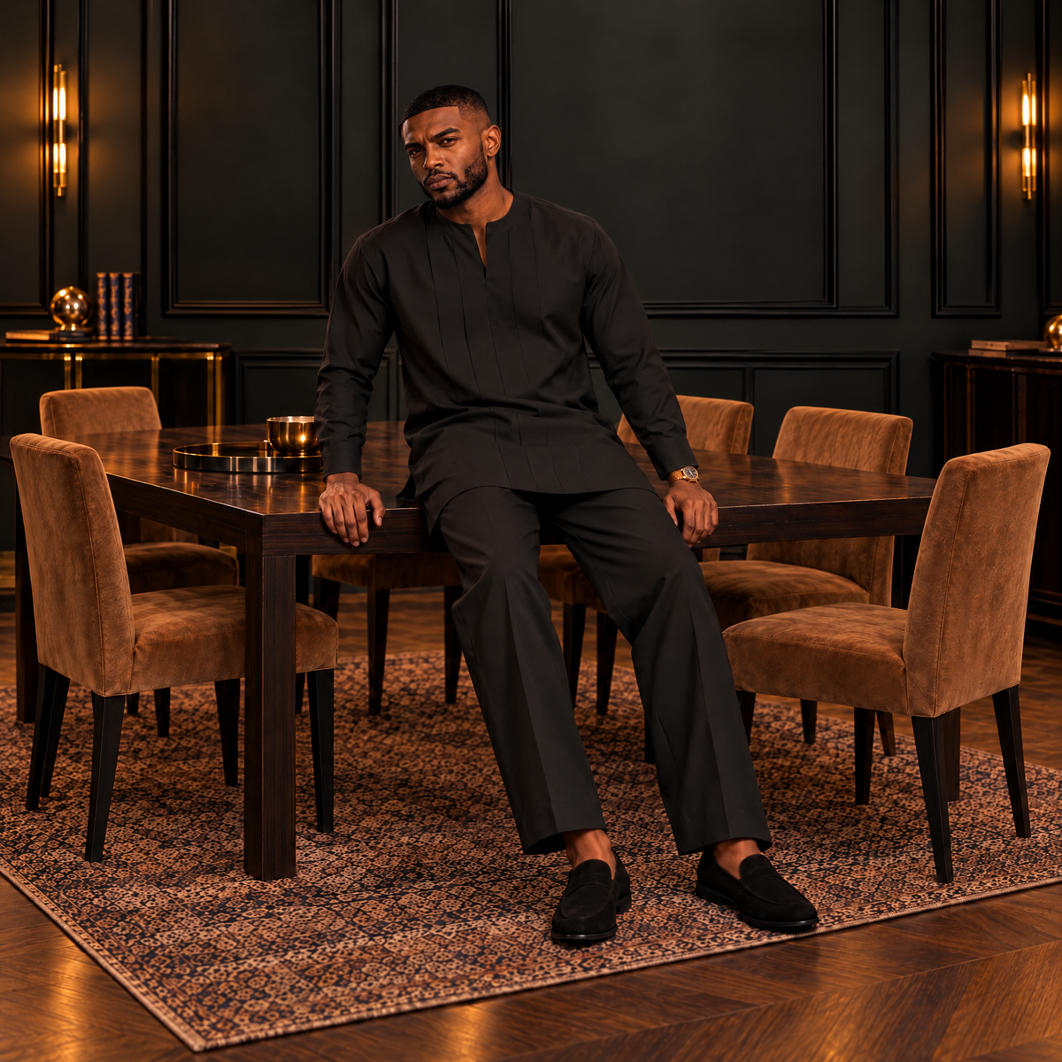 Men's Senator Black Long Sleeve Kaftan Suit
