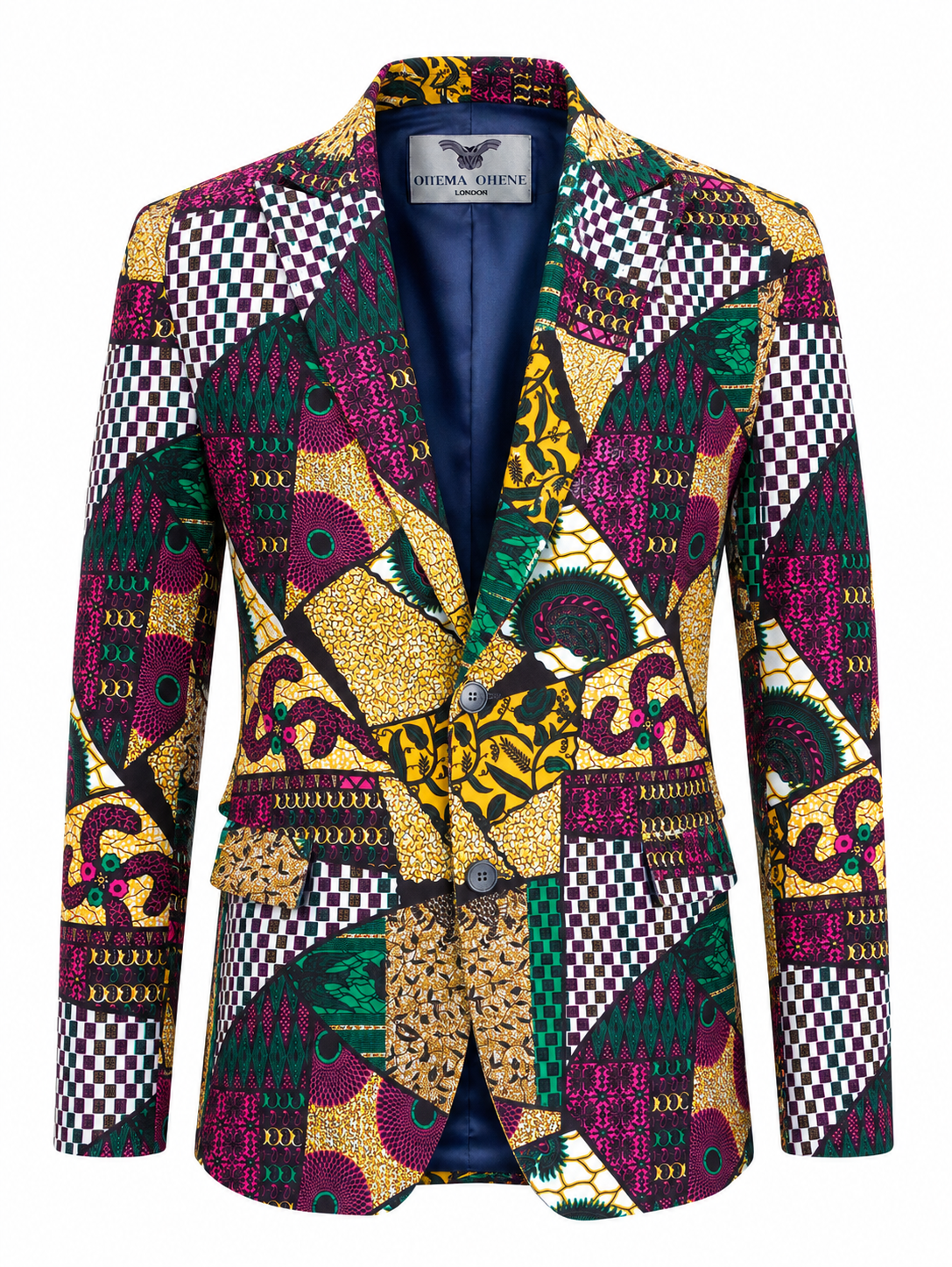 A men's two-button blazer by Avirex London featuring a vibrant, multicolor African wax print patchwork pattern with yellow, green, purple, black, and white motifs, set against a plain white background.