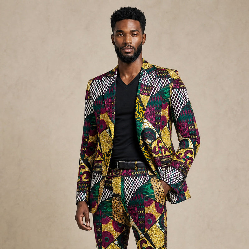 A man modeling a vibrant, multicolor African wax print suit with geometric patterns in yellow, green, purple, black, and white, styled with a black t-shirt and black leather loafers against a neutral beige studio backdrop.