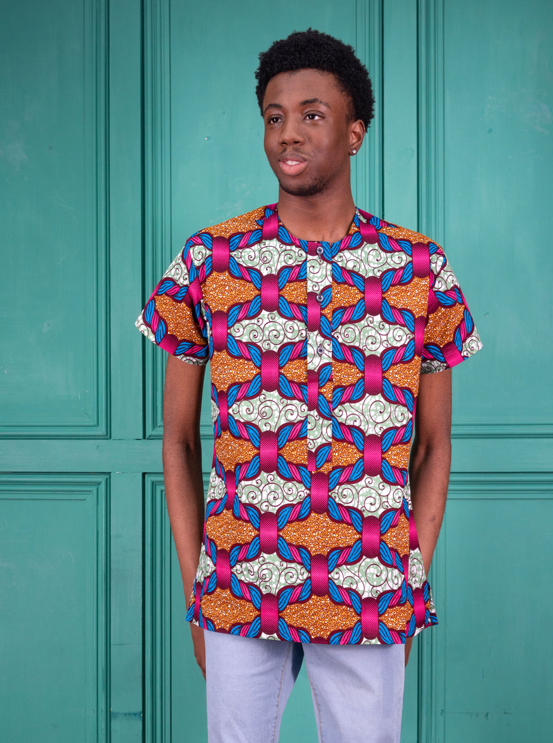 Men's collarless African print shirt 