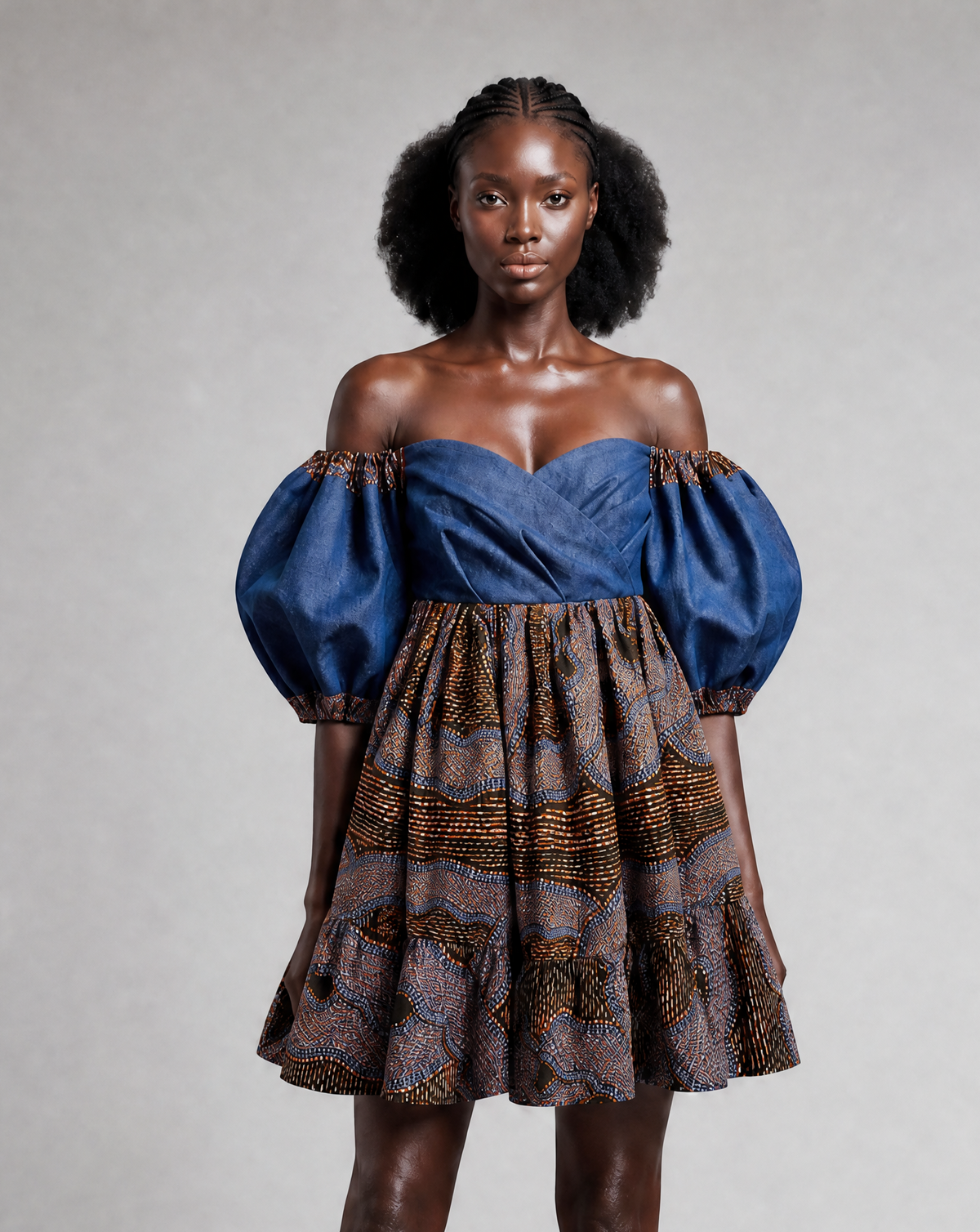 Michaela Denim Exaggerated Sleeve Off-Shoulder Dress