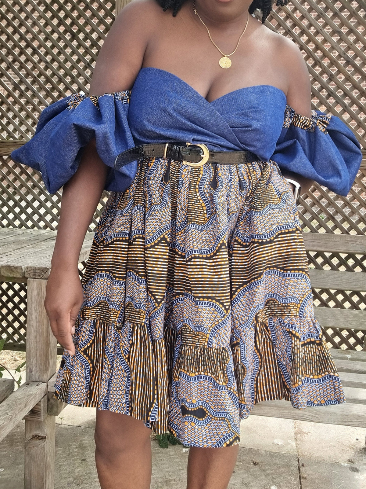 Michaela Denim Exaggerated Sleeve Off-Shoulder Dress