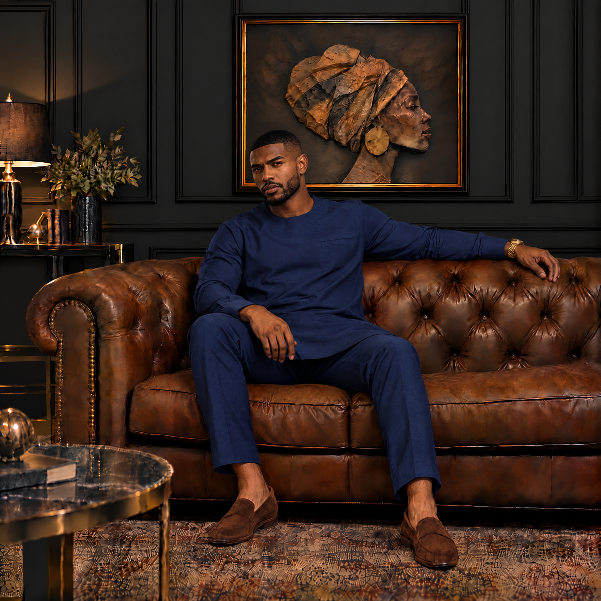Men's Black Long Kaftan Suit Navy