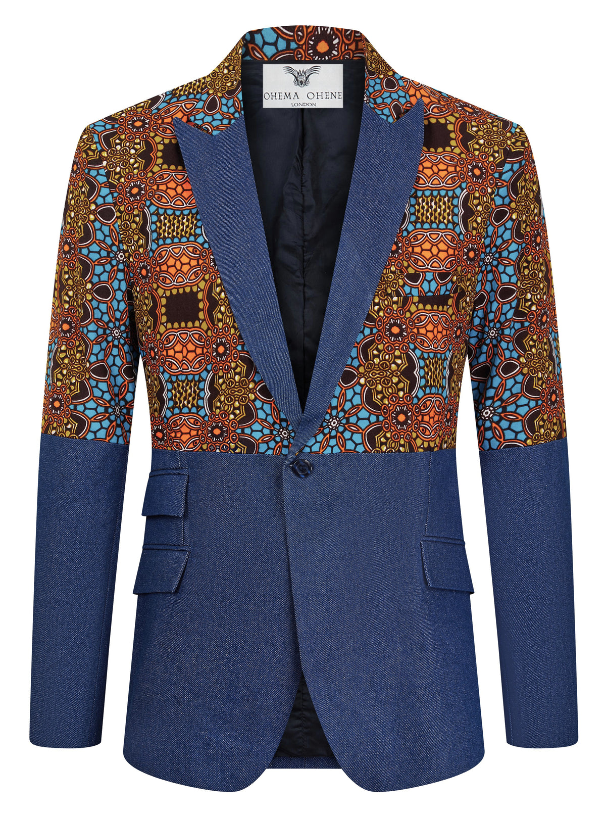 Men's Denim Lapel African print panel blazer