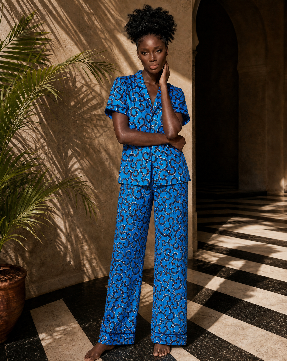 Unisex Blue African Print Cotton Trouser Pyjama Set