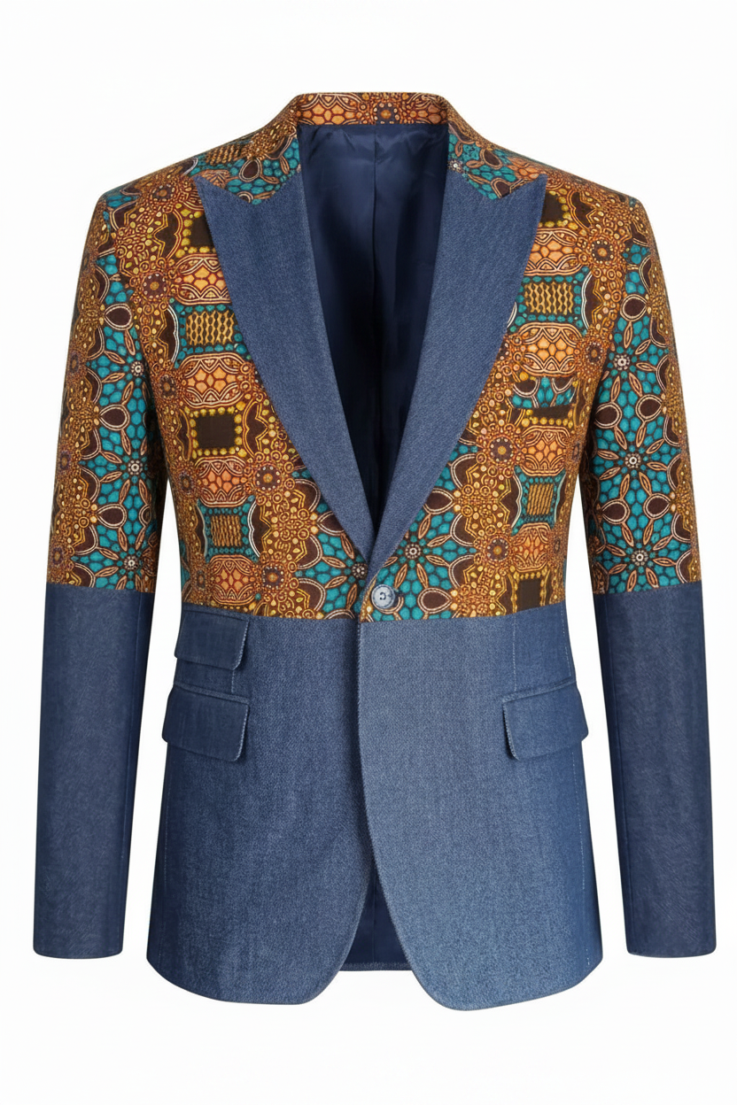 Ohema Ohene spilt denim African print blazer