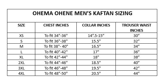 Men’s kaftan size chart