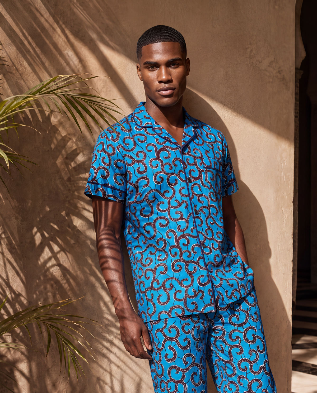 Unisex Blue African Print Cotton Trouser Pyjama Set