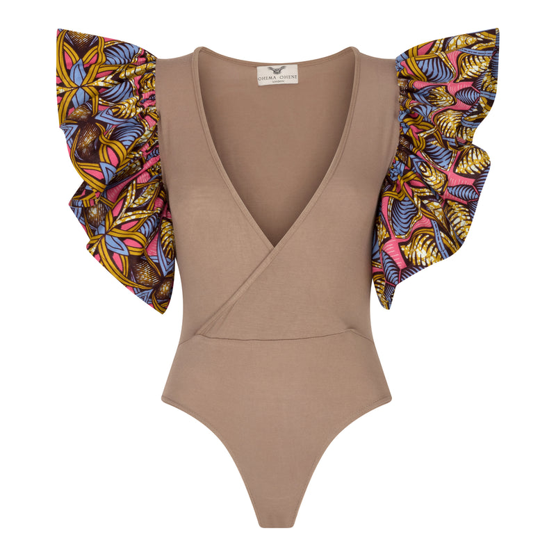Frill sleeve African print bodysuit-Tan - OHEMA OHENE AFRICAN INSPIRED FASHION
