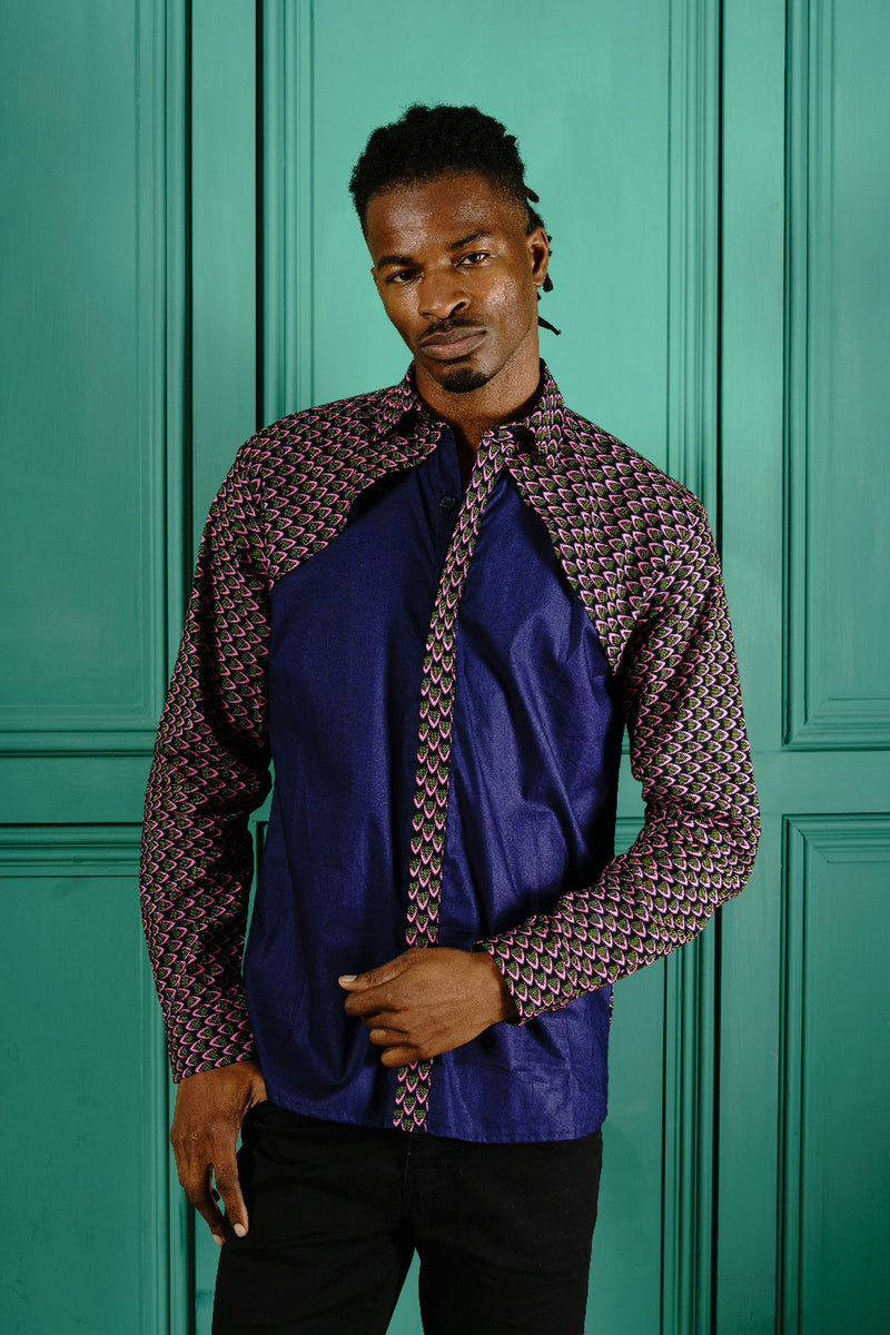 Men's Blue African print shirt Ohema Ohene