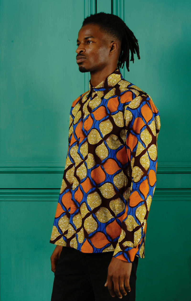 Men's Relaxed fit Long sleeve African print shirt-Blue Onion - OHEMA OHENE AFRICAN INSPIRED FASHION