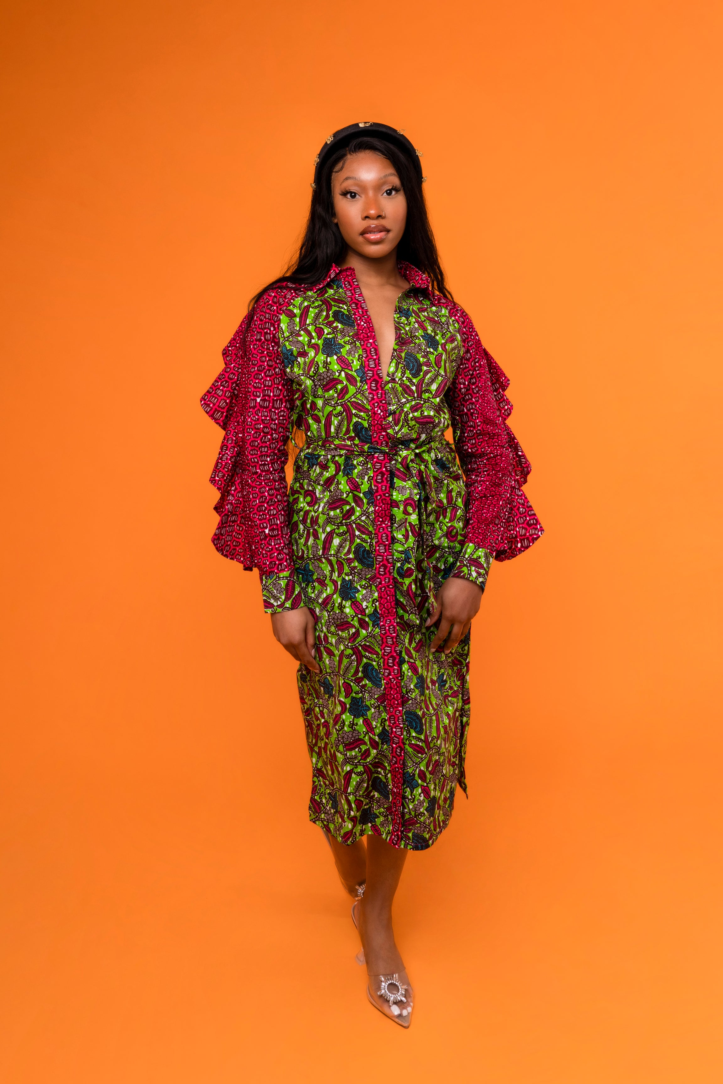 African Print Midi shirt dress with exaggerated sleeves – OHEMA